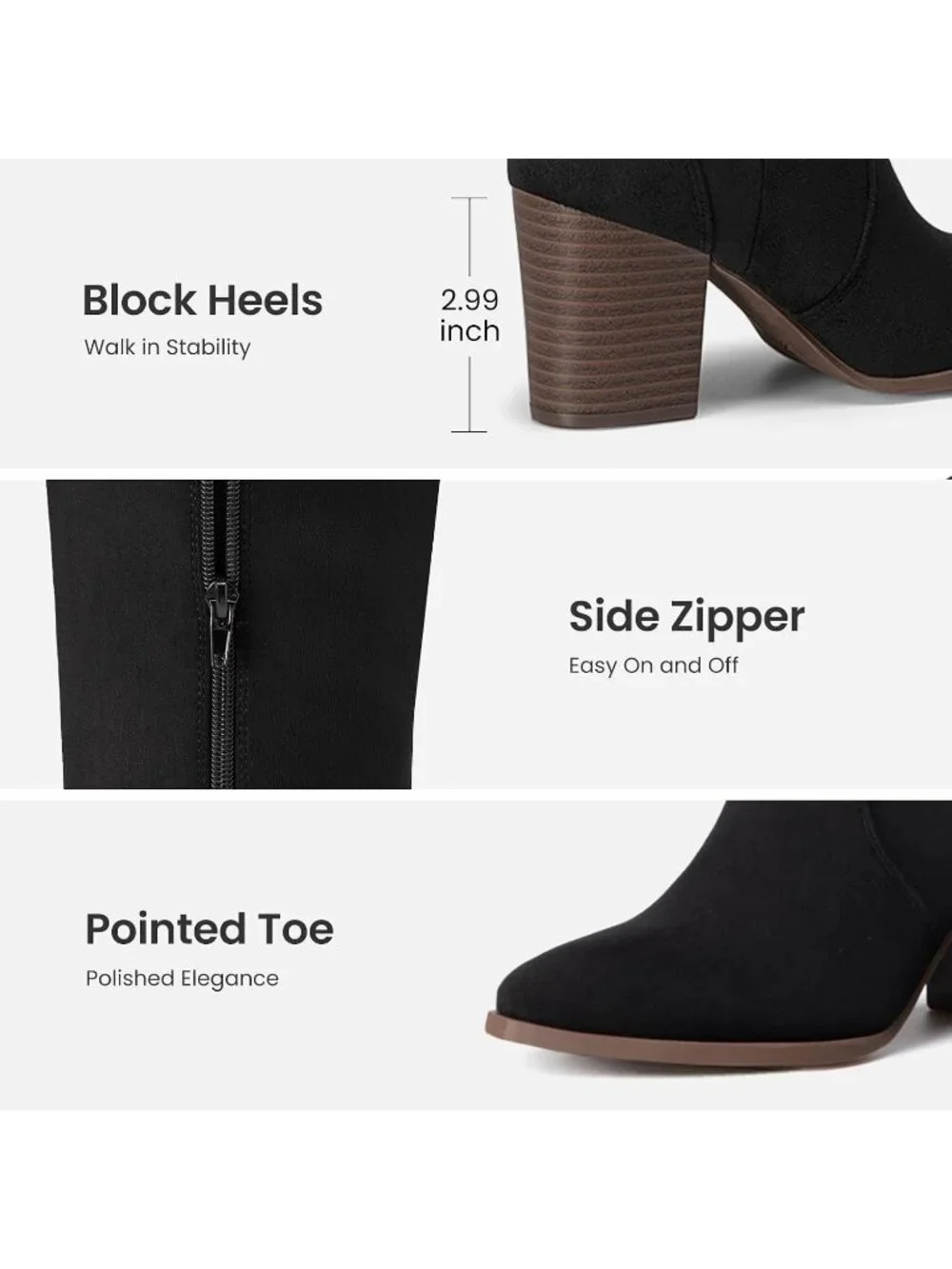 Women's Black Suede Chunky Heel Suede Pointed Toe Side Zipper Knee High Boots
